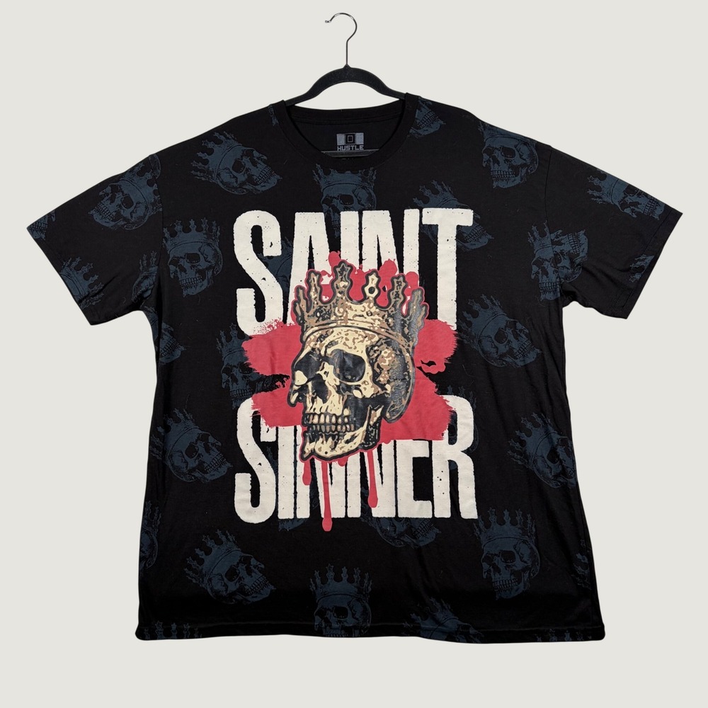 Hustle Gang T-Shirt Mens Saint Sinner Crowned Skull Graphic 4XL Black Gothic
